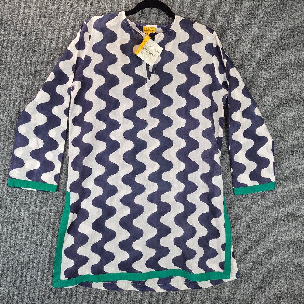 Roberta Roller Rabbit Kurta Tunic Wavy Print Small Marine Blue Womens